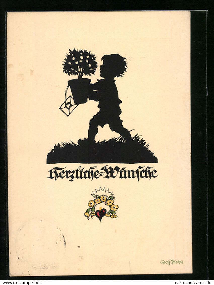 Künstler-AK Georg Plischke: Herzliche Wünsche, Gratulant Mit Blumentopf  - Autres & Non Classés