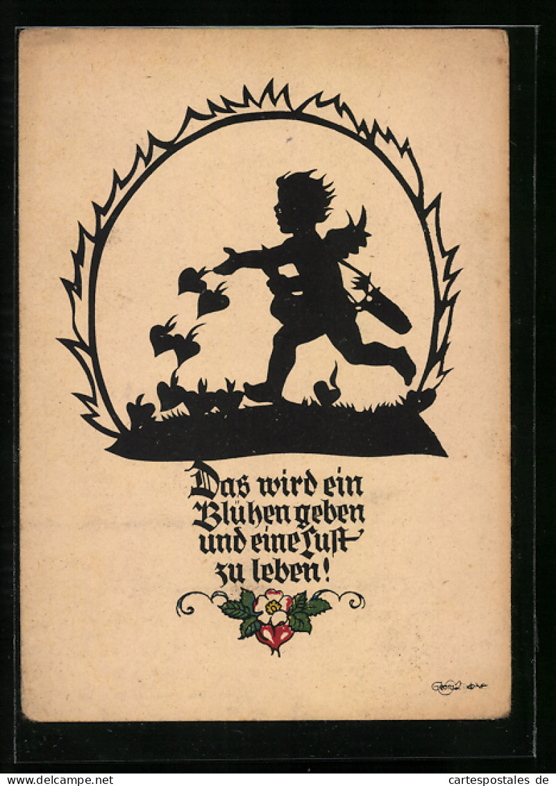 Künstler-AK Georg Plischke: Das Wird Ein Blühen Geben..., Amor Wirft Mit Herzen, Schattenbild  - Autres & Non Classés