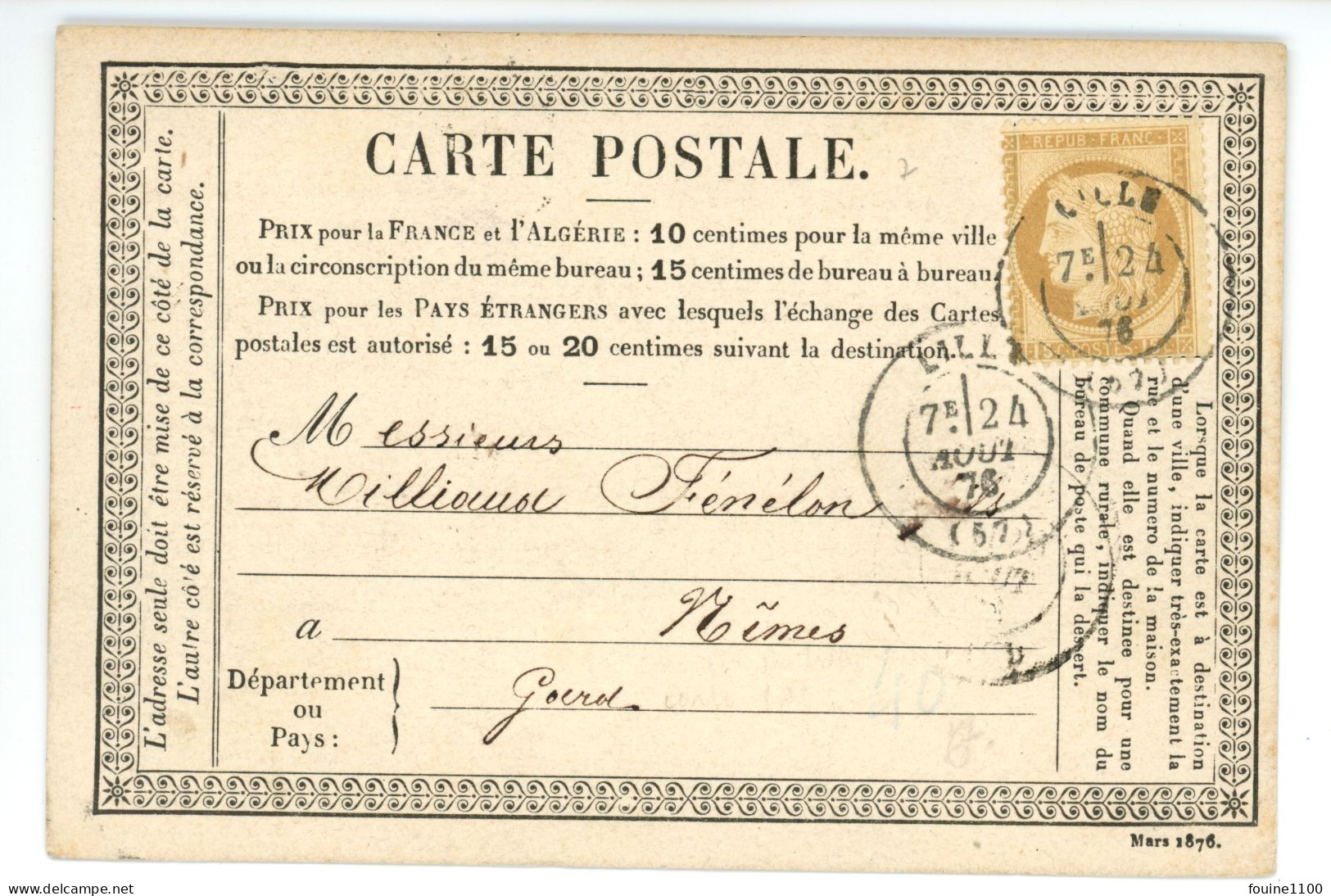 CARTE PRECURSEUR Pour MILLIAUD FENELON Fils à NIMES De La Part De ? à LILLE Pour Des Cours ? ( Institut Je Pense ) - 1849-1876: Classic Period