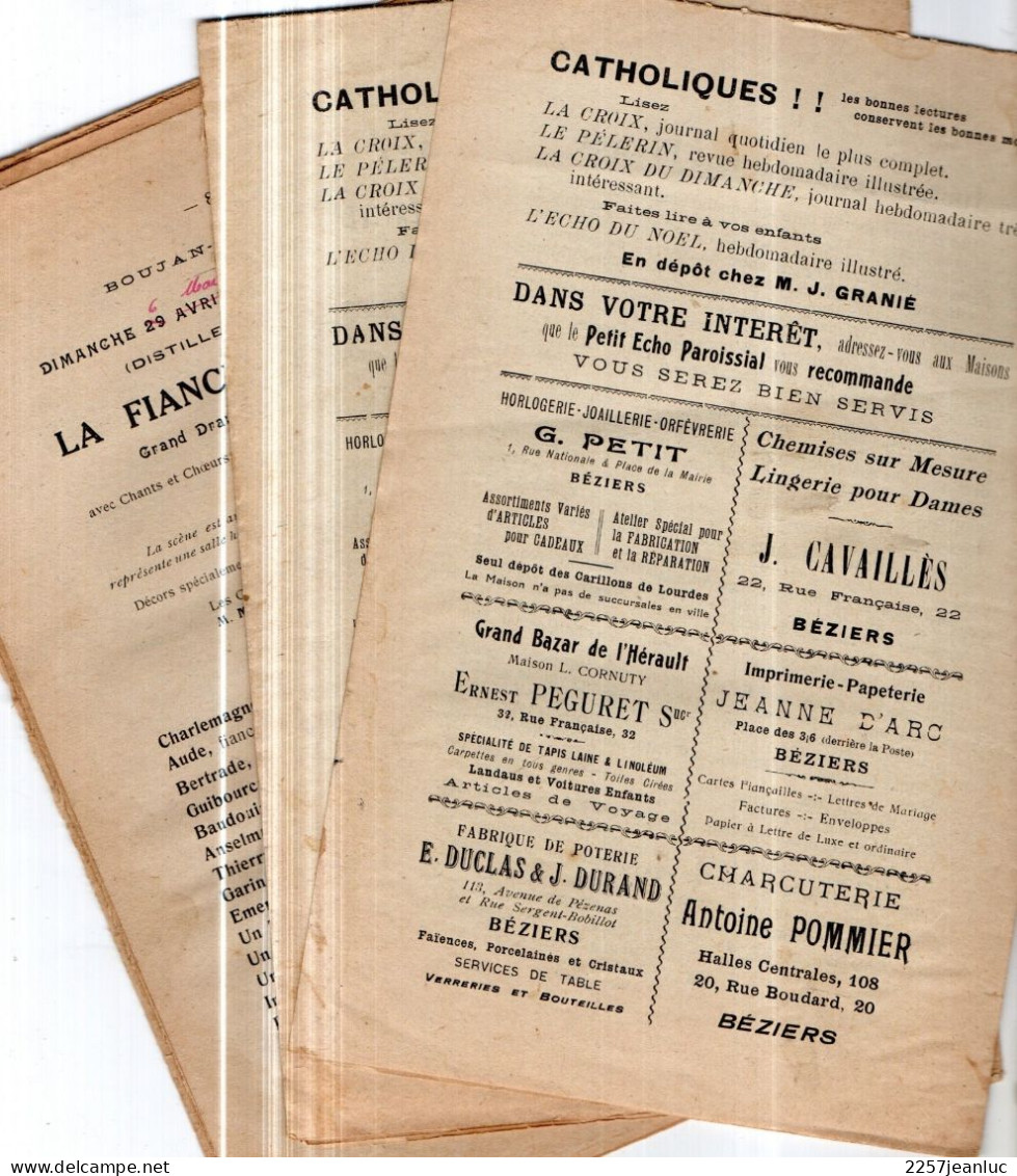 Lot De 3 N:  Petit Echo Paroissial  De Boujan Sur Libron  Janvier 1923....du N:  12  De 16 Pages à.. - Documents Historiques