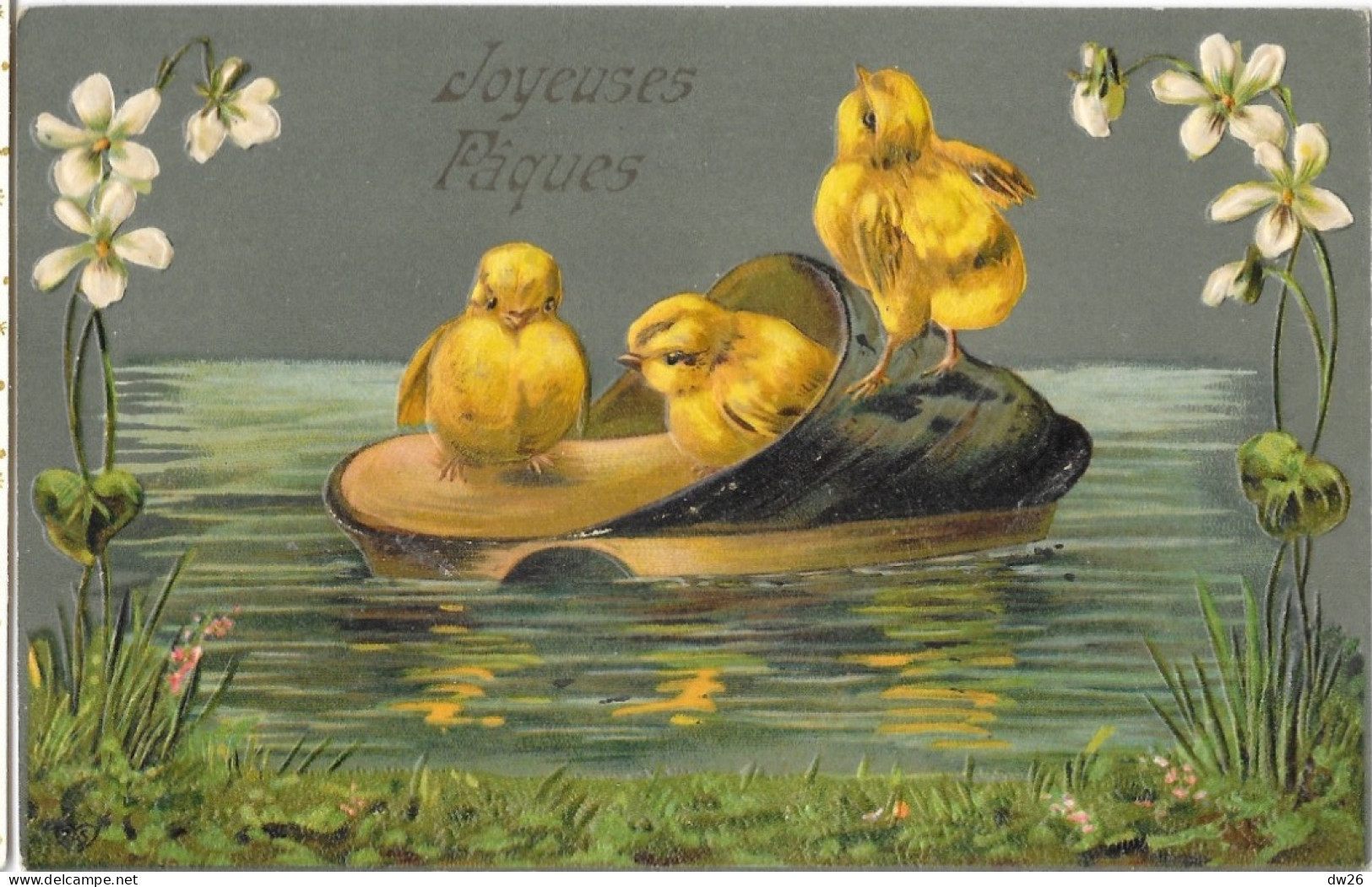 Joyeuses Pâques - Savate  Ou Chausson Flottant Avec Ses Poussins - Carte Gaufrée EAS De 1910 - Easter