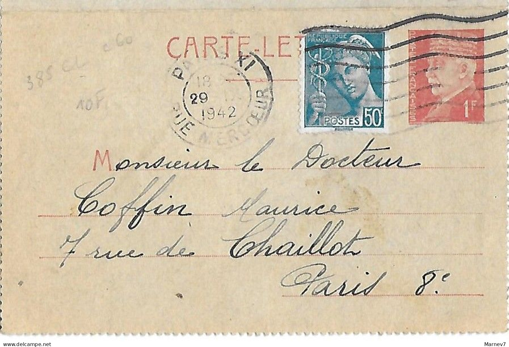 Entier - Carte-lettre 1Fr Pétain 514-CL1 - - Cad PARIS XI 29 IX 1942 - Rue Mercoeur - - Storia Postale