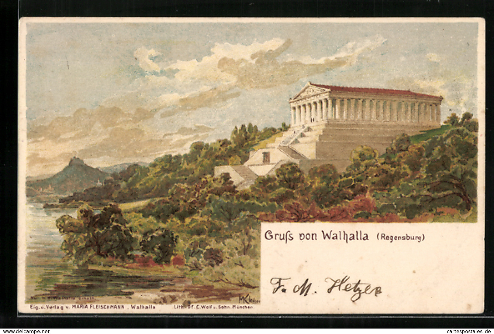 Lithographie Regensburg, Panorama Mit Walhalla  - Other & Unclassified