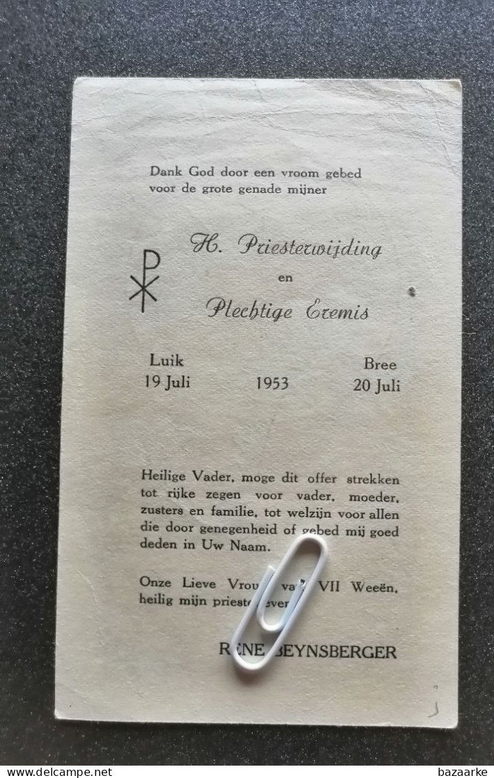 BREE 1953 H. PRIESTERWIJDING VAN RENÉ BEYNSBERGER - Devotieprenten