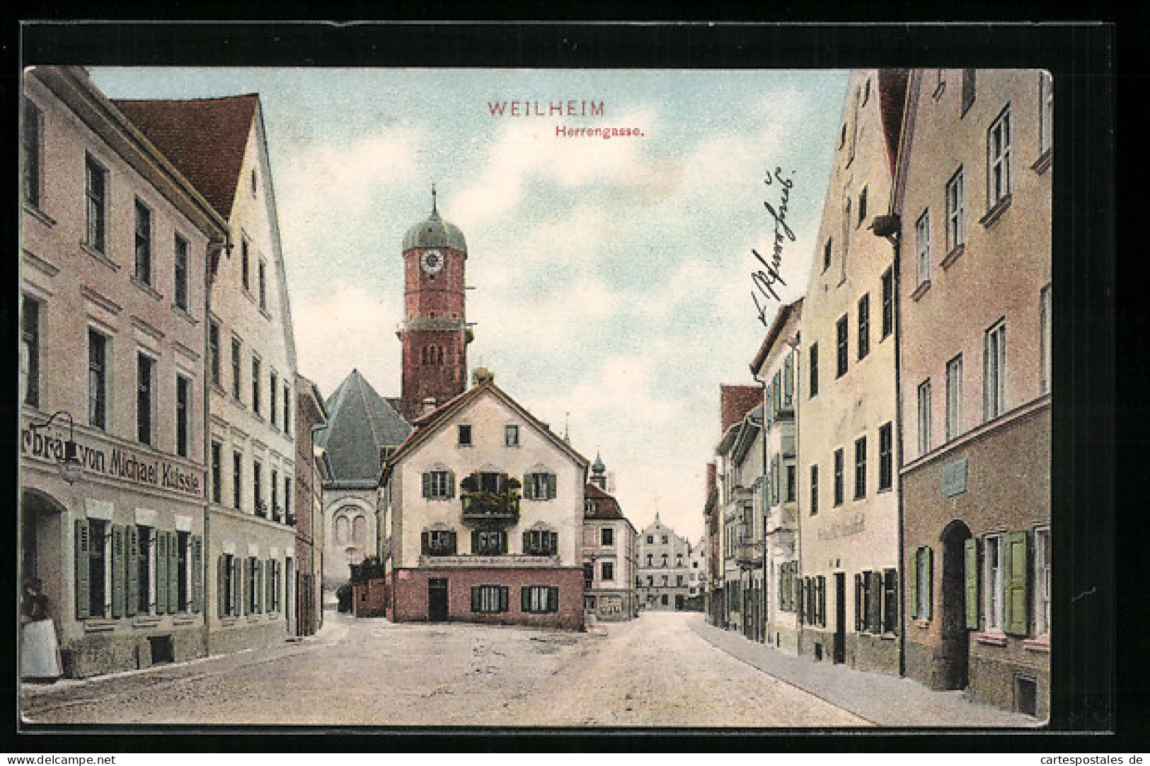 AK Weilheim, Partie In Der Strasse Herrengasse Mit Kirchturm  - Weilheim