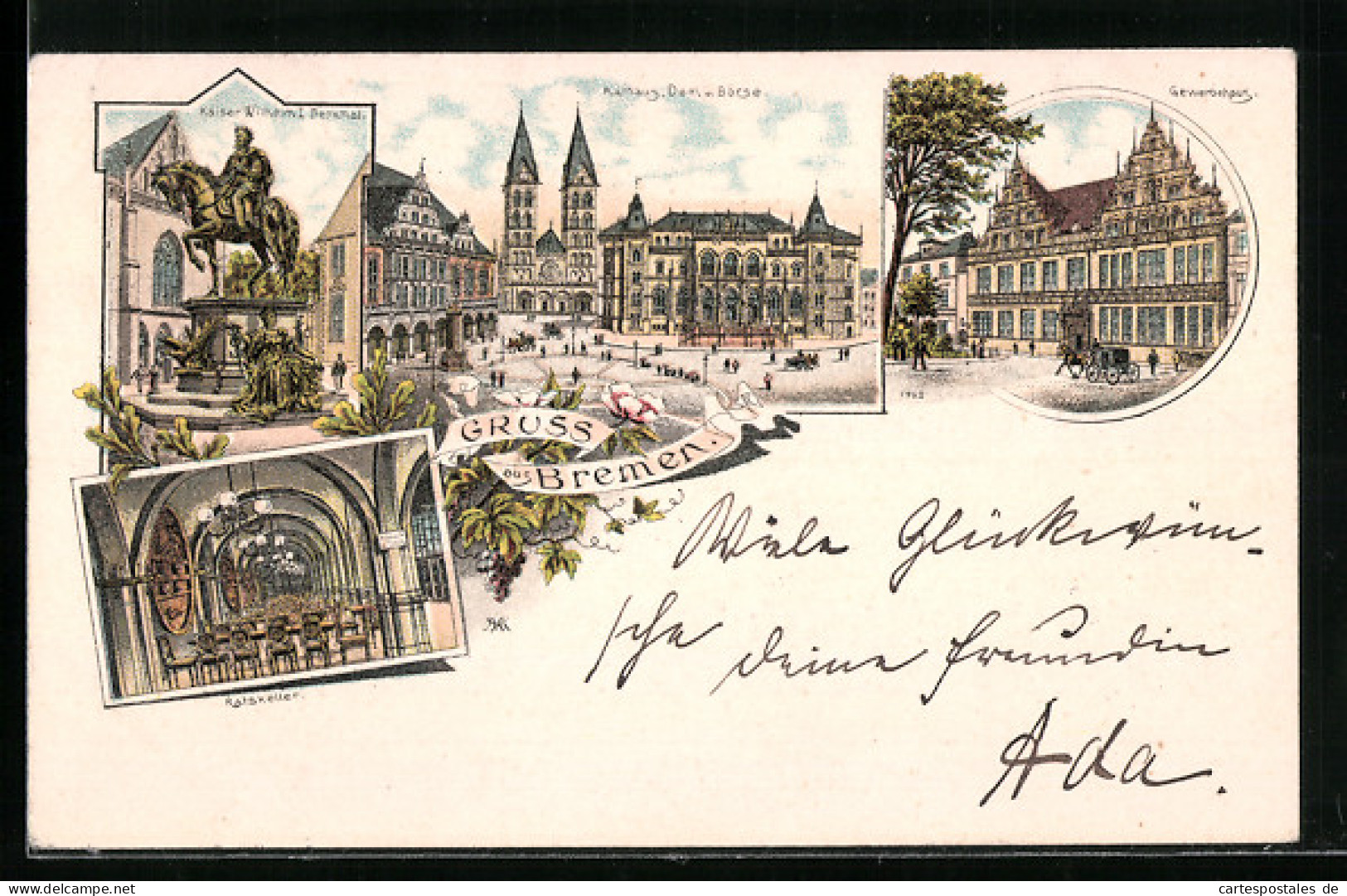 Lithographie Bremen, Restaurant Ratskeller, Kaiser Wilhelm I. Brunnen, Rathaus Mit Dom Und Börse, Gewerbehaus  - Bremen