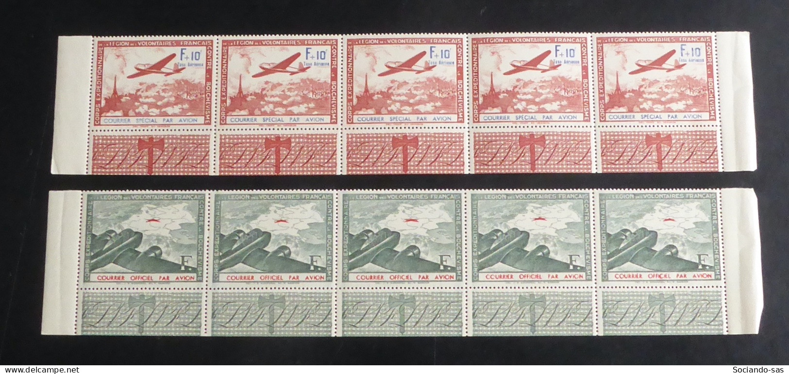 FRANCE - 1941 - LVF N°YT. 2 Et 3 - Bandes De 5 Bord De Feuille - Neuf Luxe ** / MNH / Postfrisch - Guerre (timbres De)