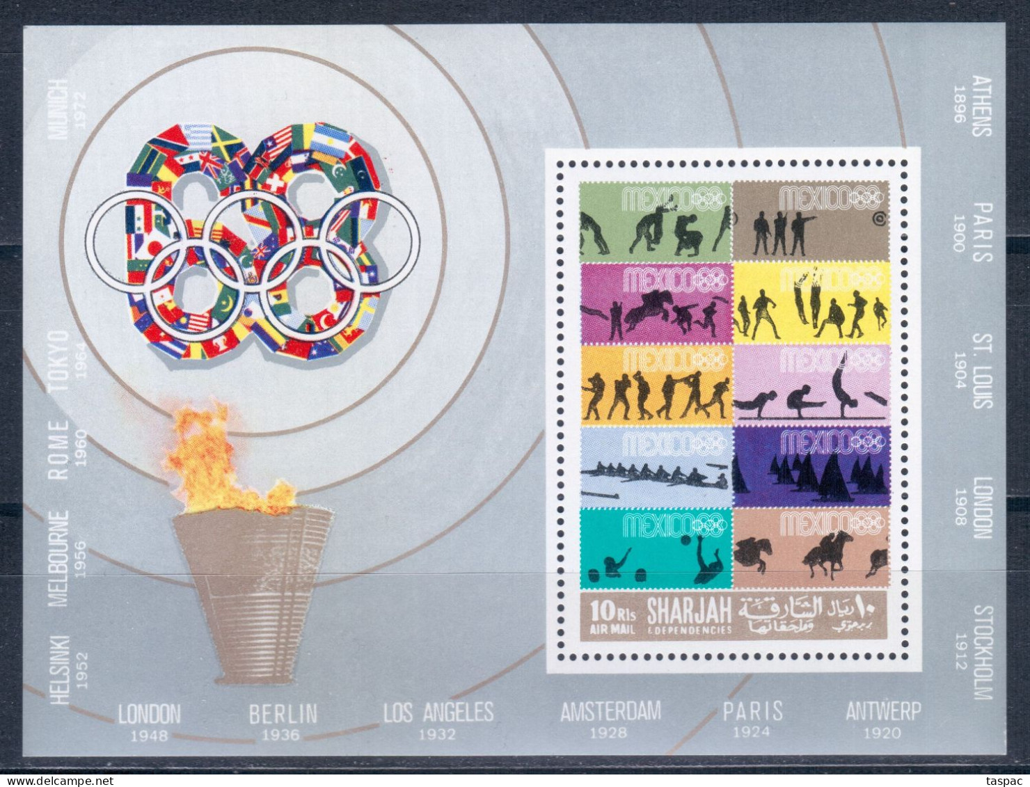 Sharjah 1968 Mi# Block 43 A ** MNH - Summer Olympics, Mexico '68 / Stamps On Stamps - Sharjah