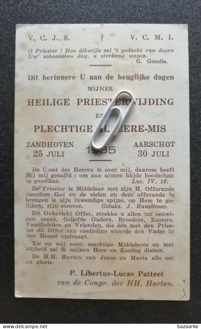 AARSCHOT 1935 / H. PRIESTERWIJDING VAN P. LIBERTUS - LUCAS PATTEET - Devotieprenten