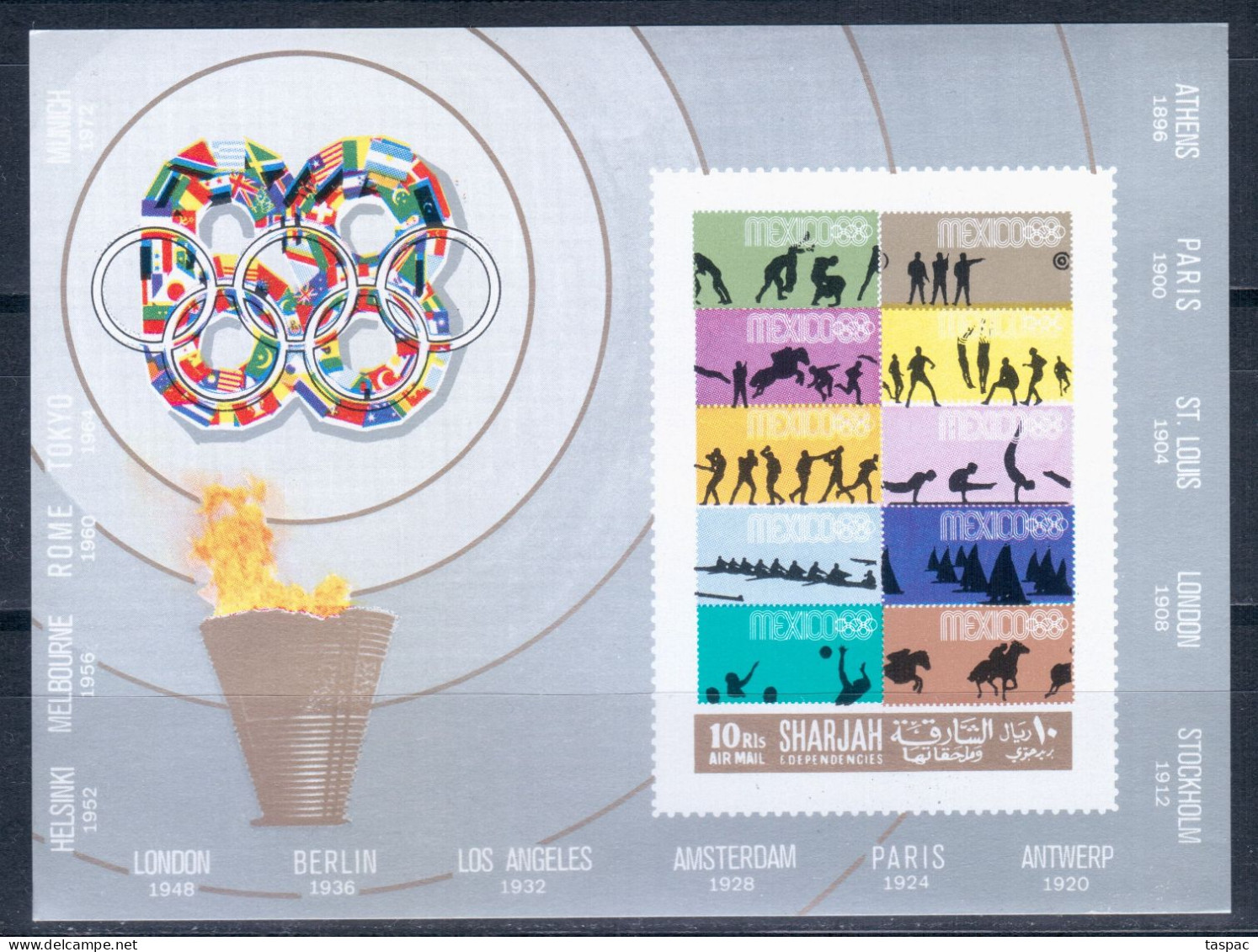 Sharjah 1968 Mi# Block 43 B ** MNH - Imperf. - Summer Olympics, Mexico '68 / Stamps On Stamps - Sharjah
