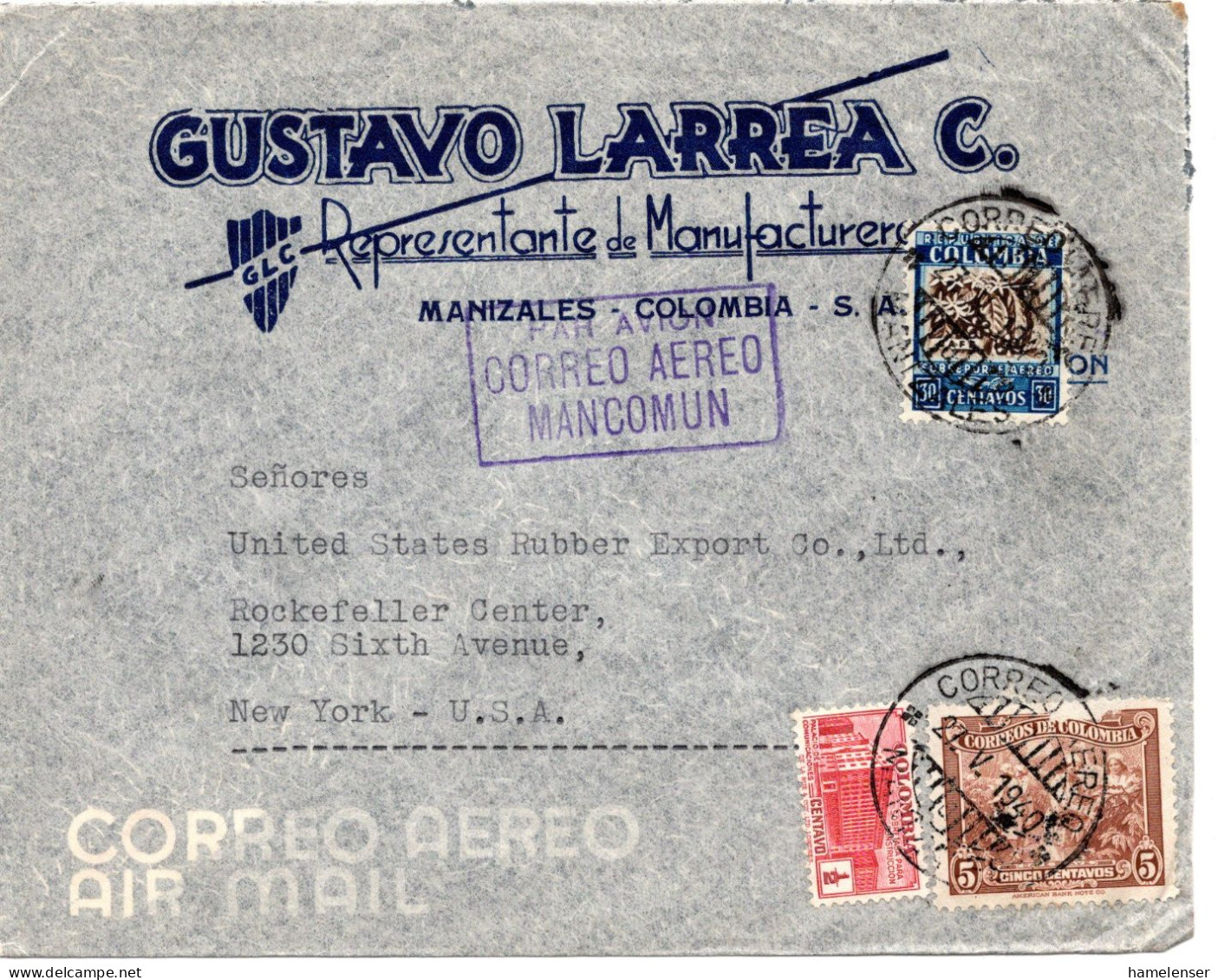 77870 - Kolumbien - 1940 - 30c Luftpost MiF A LpBf MANIZALES -> New York, NY (USA) - Colombia