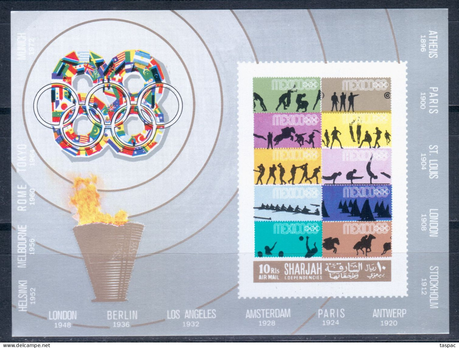 Sharjah 1968 Mi# Block 43 B ** MNH - Imperf. - Summer Olympics, Mexico '68 / Stamps On Stamps - Sommer 1968: Mexico