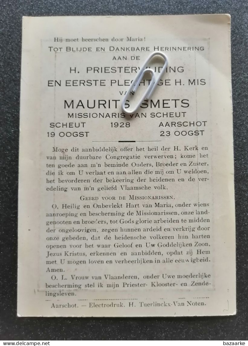 AARSCHOT 1928 / H. PRIESTERWIJDING VAN MAURITS SMETS / MISSIONARIS VAN SCHEUT - Devotion Images