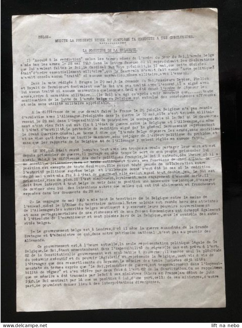 Tract Presse Clandestine Résistance Belge WWII WW2 'La Position De La Belgique' (3 Pages On 2 Sheets) - Documentos