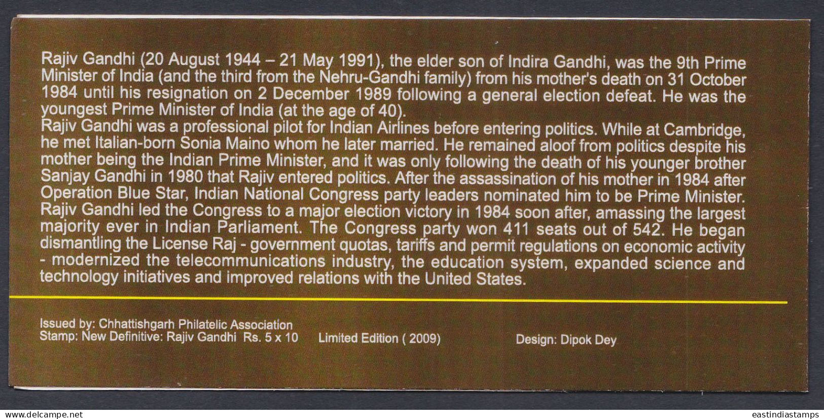 Inde India 2009 Mint Stamp Booklet Rajiv Gandhi, Jawaharlal Nehru, Politician, Political Leader, Prime Minister - Otros & Sin Clasificación