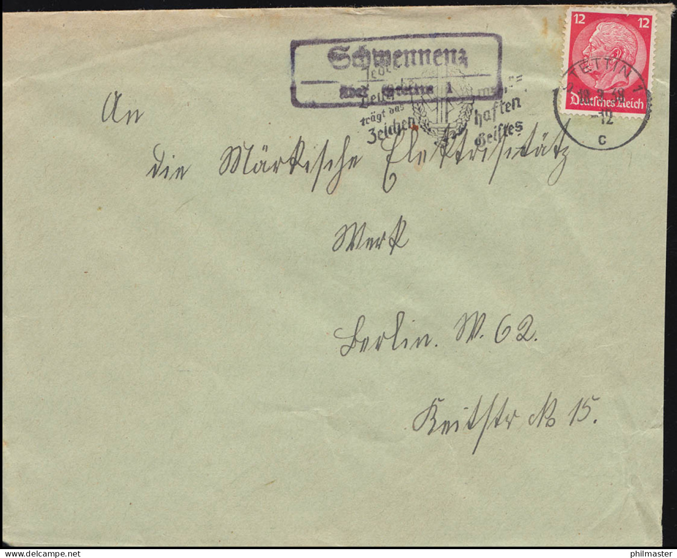 Landpost Schwennenz über Stettin Auf Brief STETTIN 18,3.38 - Storia Postale