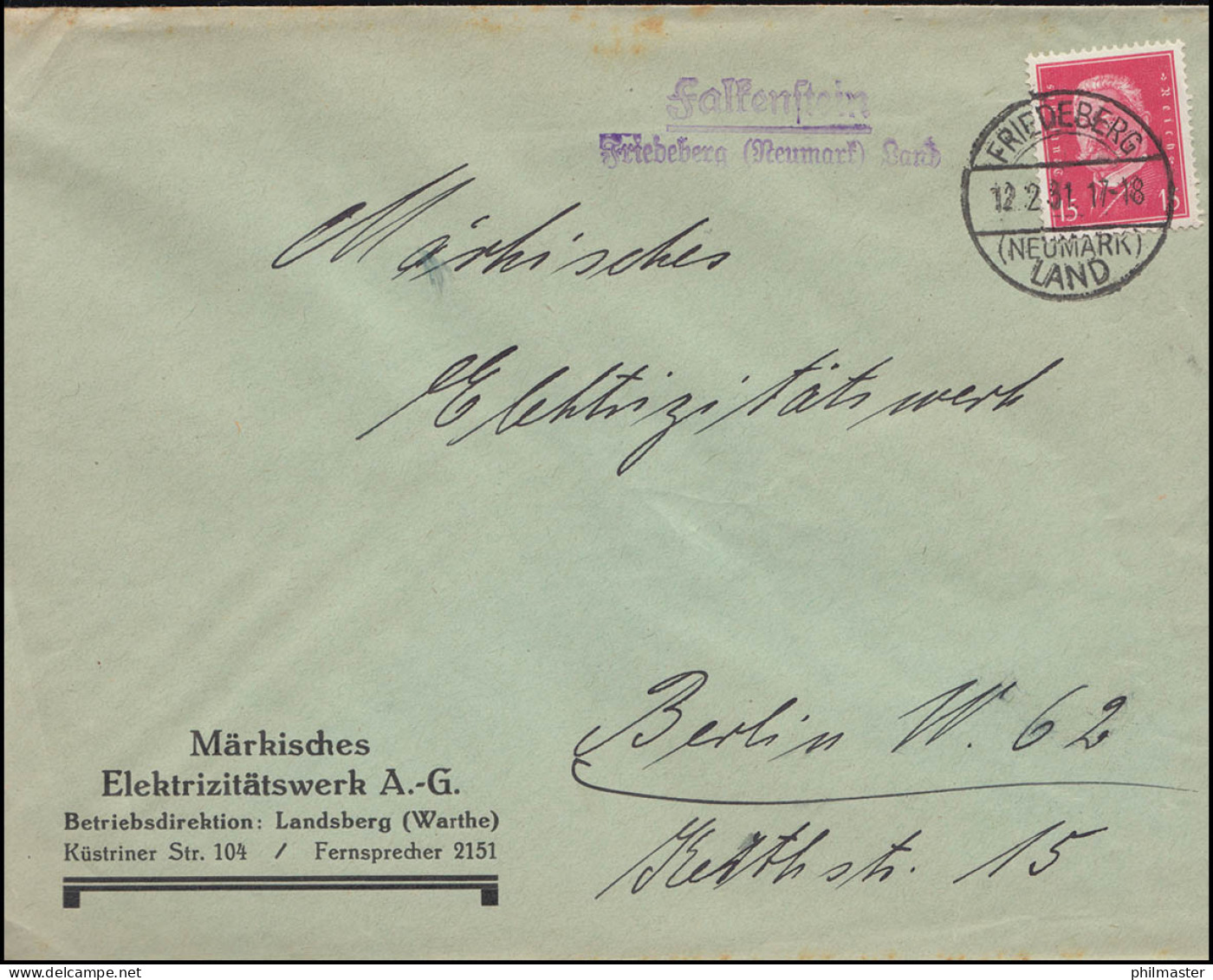 Landpost Falkenstein Friedeberg Neumark Land Auf Brief FRIEDEBERG LAND 12.2.31 - Lettres & Documents