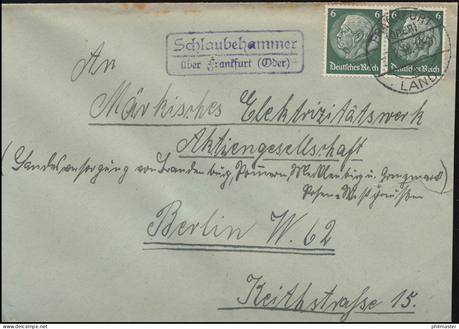 Landpost Schlaubehammer über Frankfurt Oder Auf Brief FRANKFURT LAND 7.2.38 - Briefe U. Dokumente
