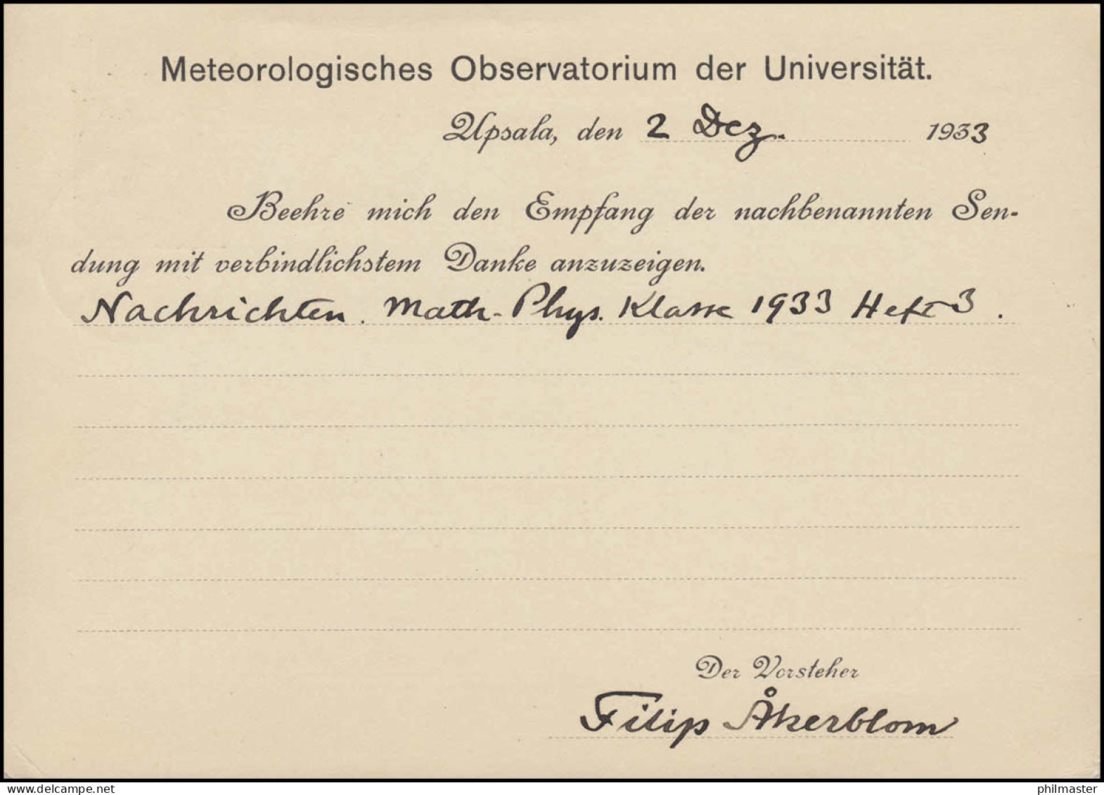 Postkarte P 50 König Gustav 15 Öre, UPPSALA 2.12.1933 Nach Göttingen - Ganzsachen