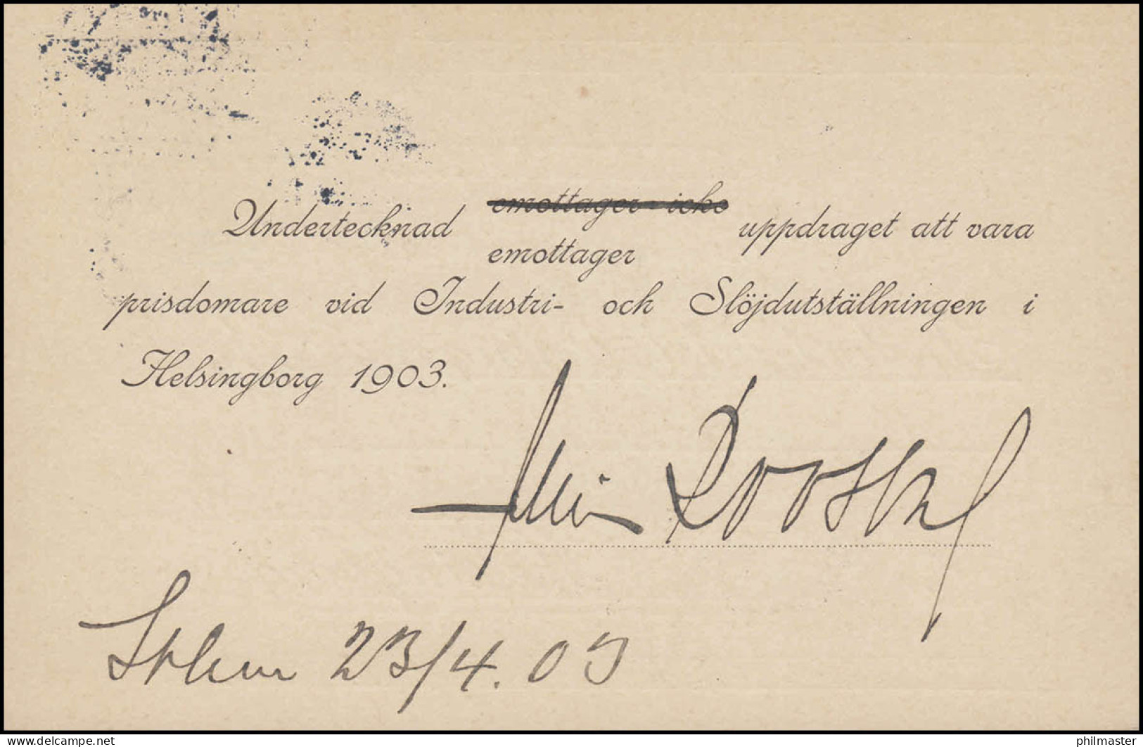 Postkarte P 19 BREFKORT 5 Öre, STOCKHOLM 23.4.1903 Nach HELSINGBORG 24.4.03 - Postwaardestukken