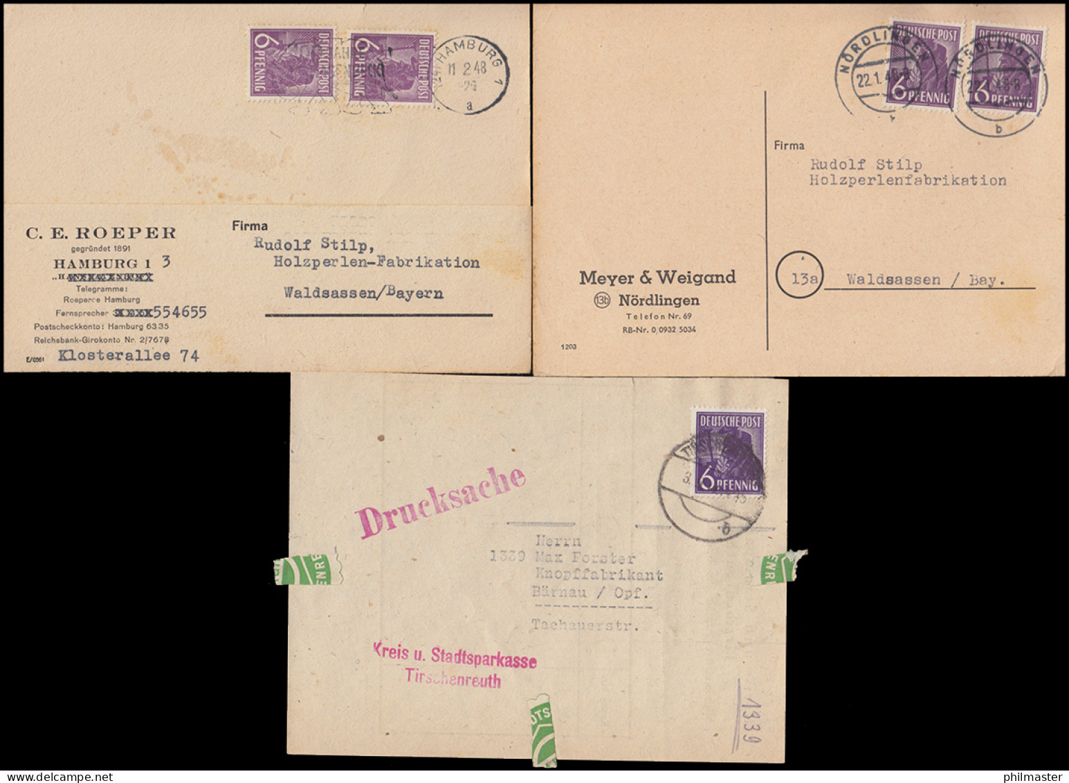 944 Pflanzer 6 Pf. In 3 Farbtönungen Auf 3 Belegen/Vorderseite 1947/48 - Lettres & Documents