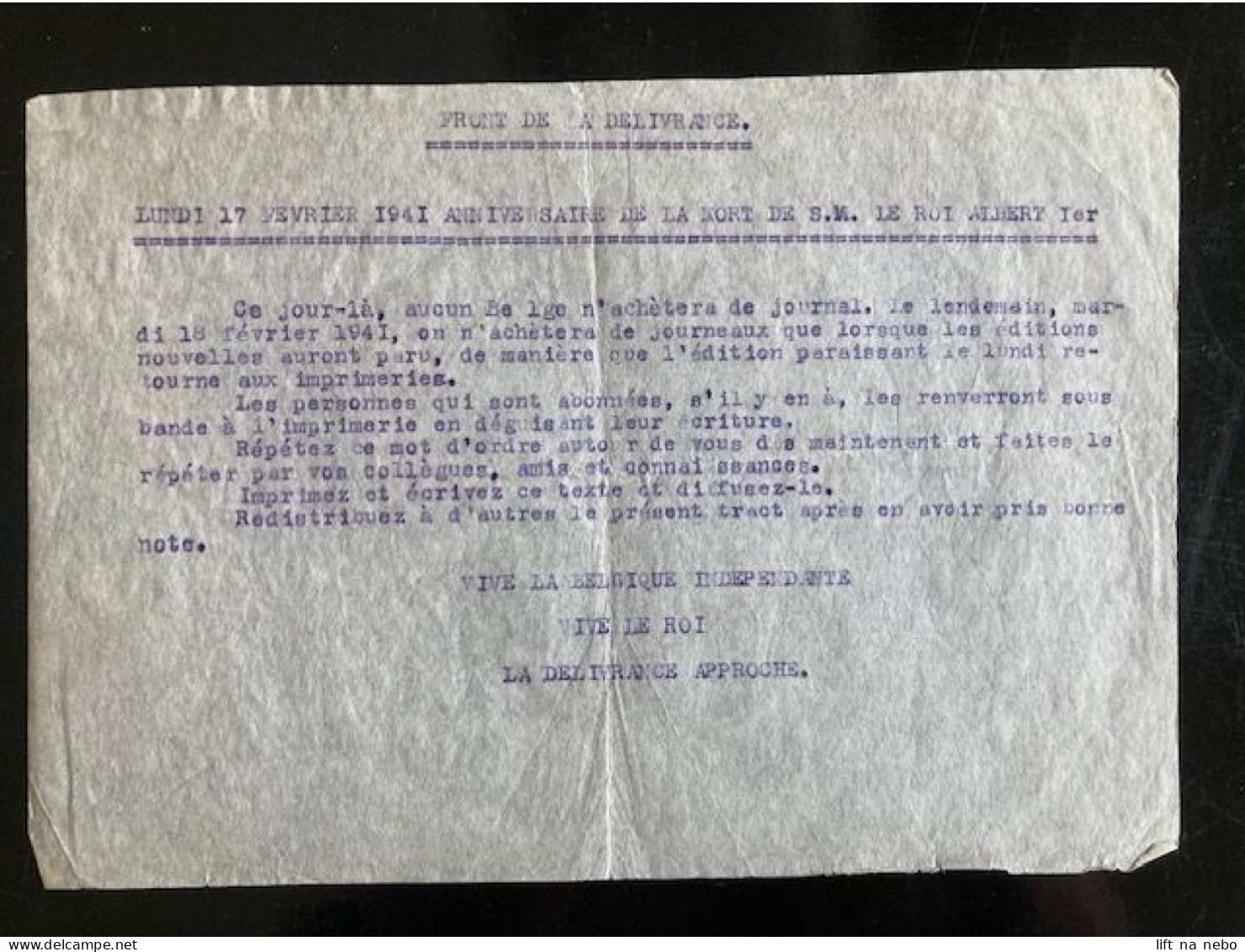 Tract Presse Clandestine Résistance Belge WWII WW2 'Front De La Délivrance' (Lundi 17 Fevrier 1941 Anniversaire De La..) - Documents