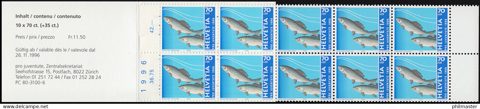 Schweiz Markenheftchen 0-107 Pro, Juventute Fischotter Und Äsche 1996, ** - Postzegelboekjes