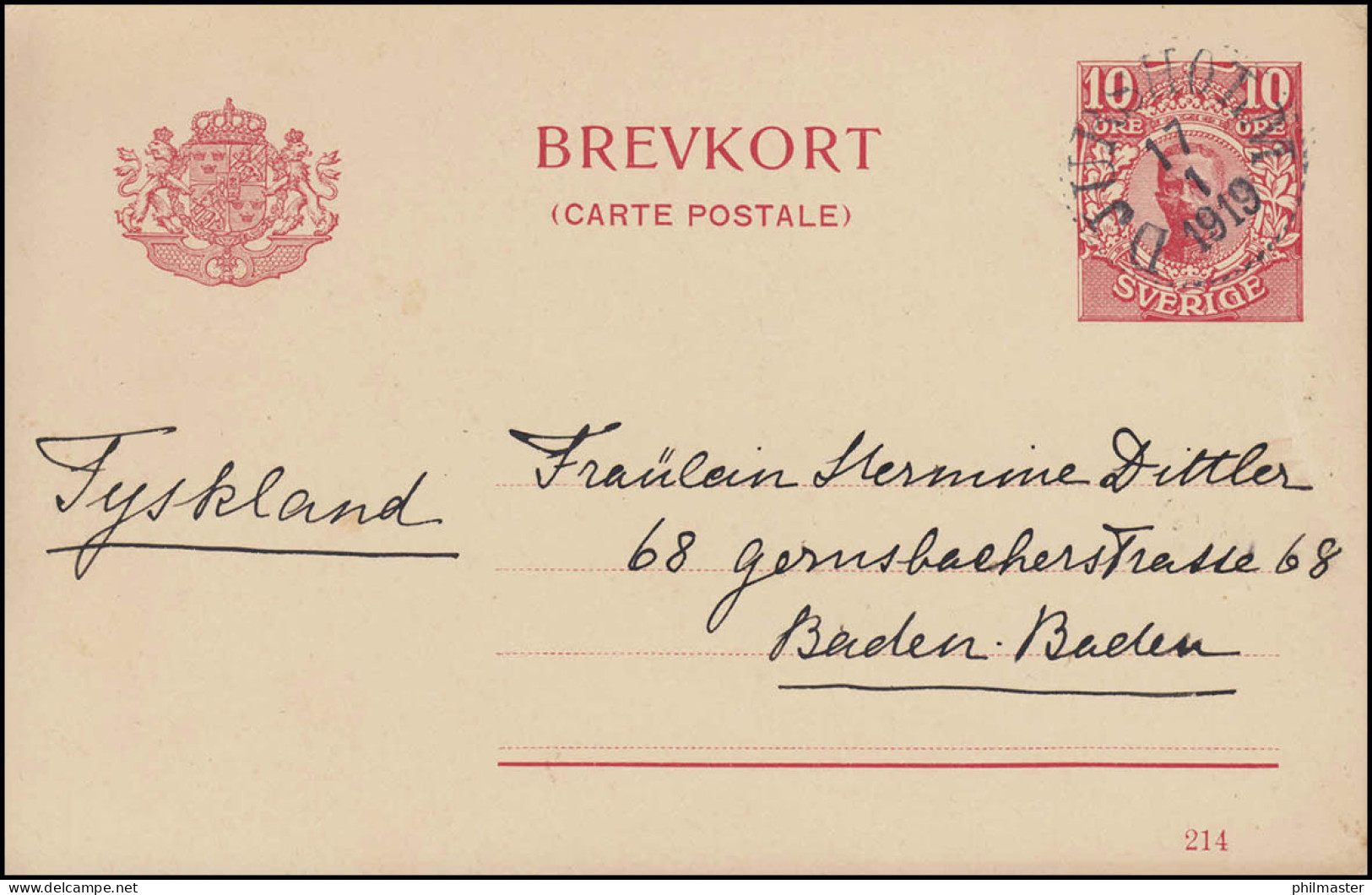 Postkarte P 34 BREVKORT König Gustav Druckdatum 214, STOCKHOLM 17.1.1919 - Enteros Postales