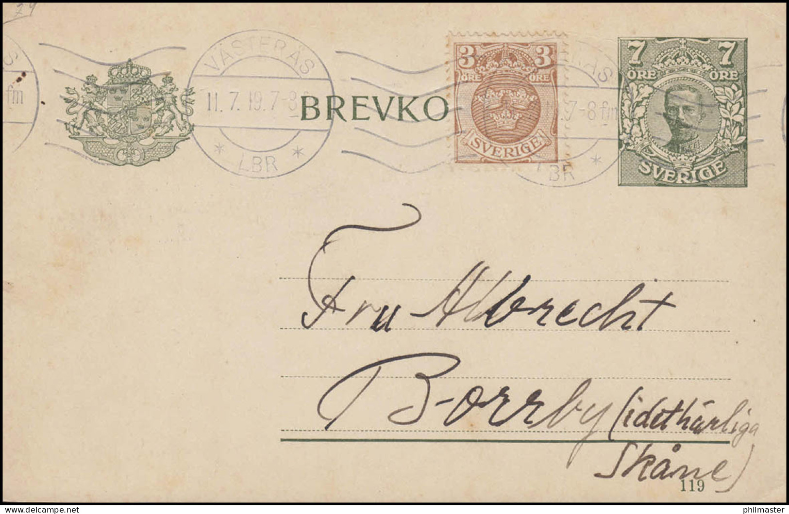 Postkarte P 33 BREVKORT 7 Öre Druckdatum 119 Mit Zusatzfr., VÄSTERAS 11.7.1919 - Postwaardestukken