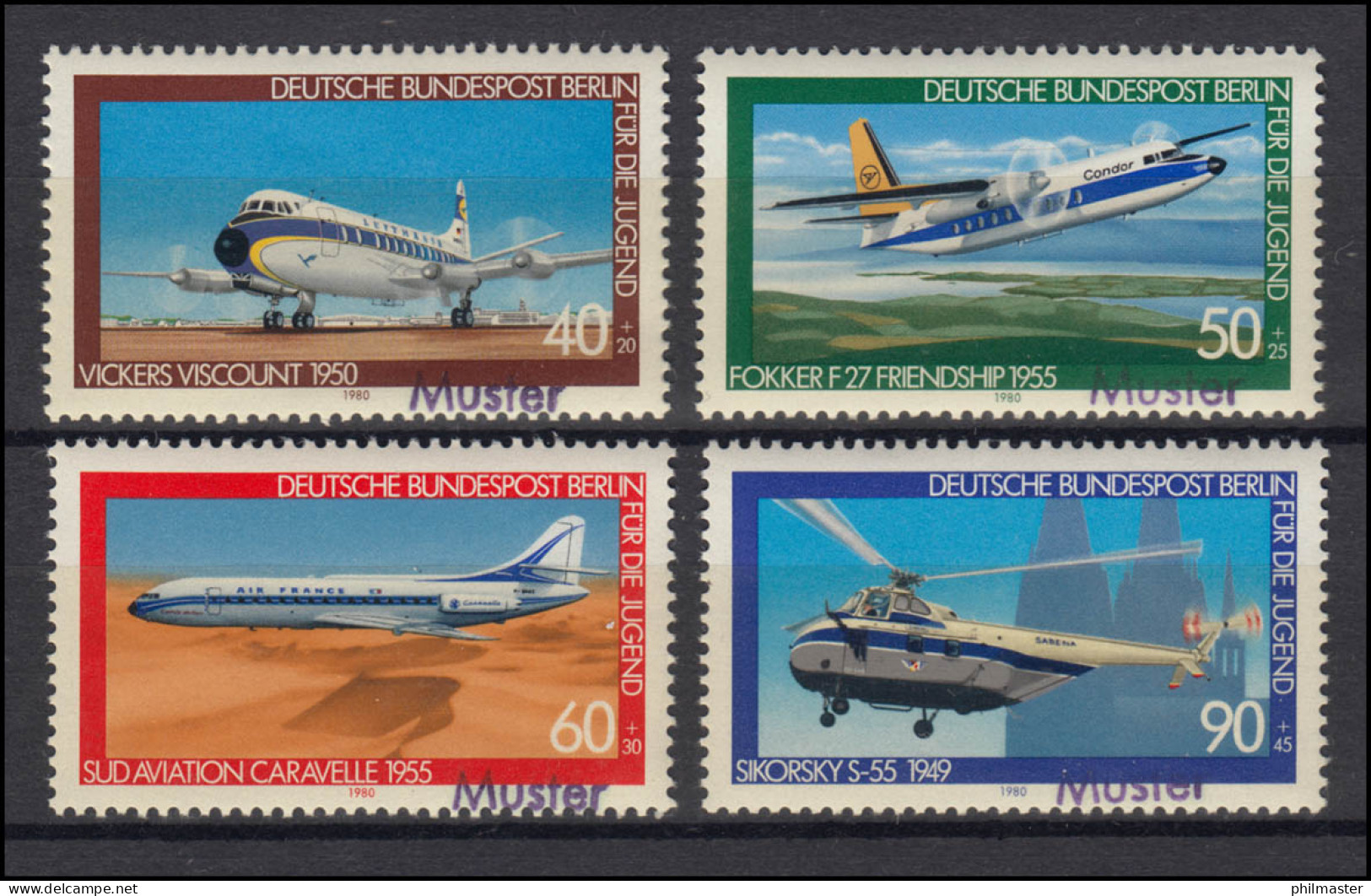 617-620 Jugend Luftfahrt Flugzeuge Hubschrauber 1980, Satz Mit Aufdruck MUSTER - Unused Stamps