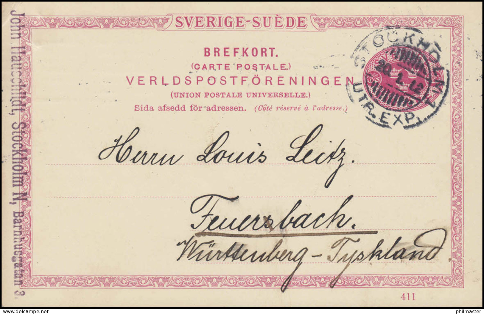 Postkarte P 25 SVERIGE-SUEDE Mit DV 411, STOCKHOLM 20.1.12 Nach Feuerbach/Württ - Postal Stationery