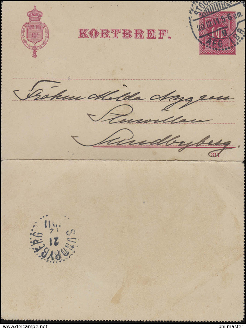 Kartenbrief K 8 Ziffer DV 311, STOCKHOLM 20.12.1911 Nach SUNDBYBERG 21.12.11 - Interi Postali