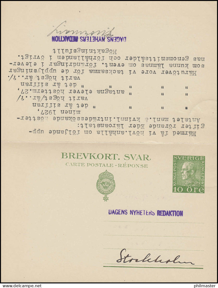 Postkarte P 43 Brevkort König Gustav 10/10 Öre, STOCKHOLM 11.8.1927 - Enteros Postales