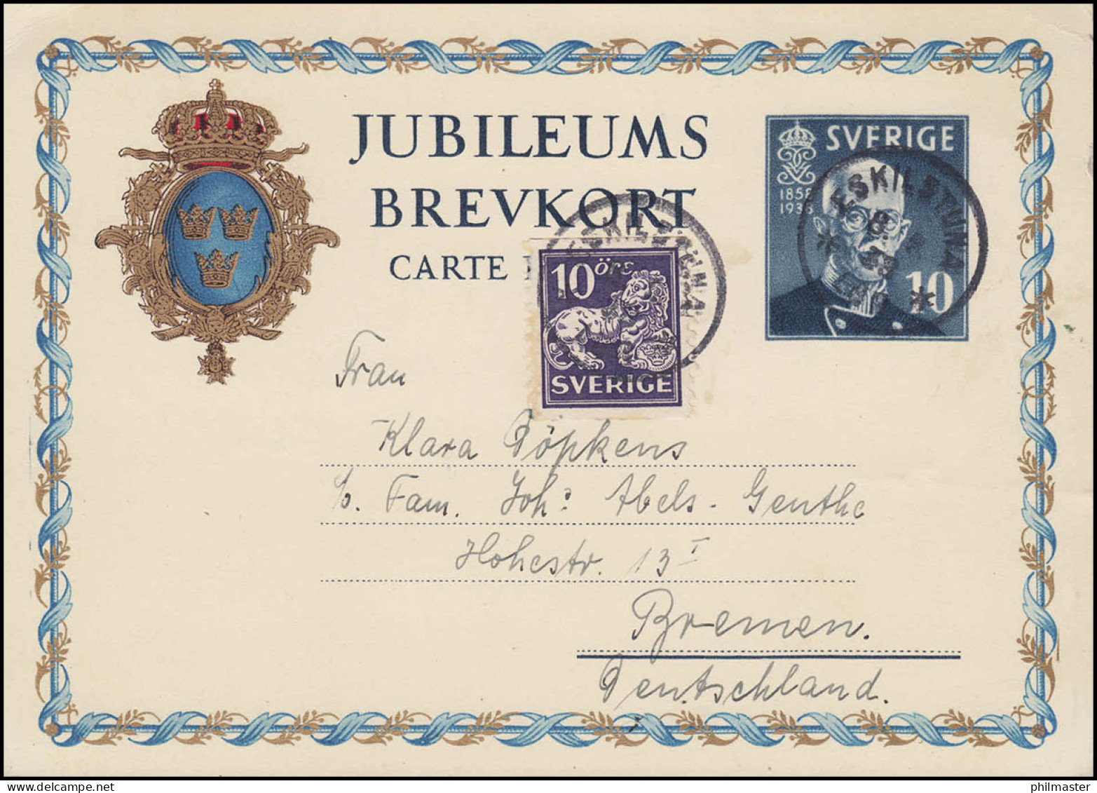 Postkarte P 59 Geburtstag 10 Öre Mit Zusatzfr., ESKILSTUNA 8.9.1938 Nach Bremen - Ganzsachen