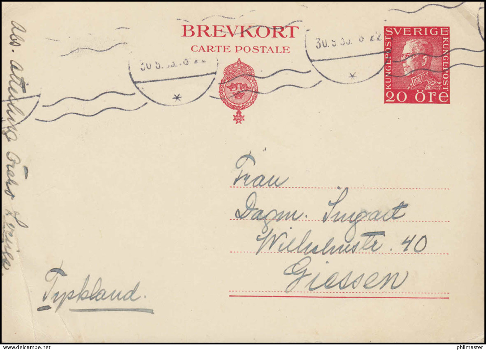 Postkarte P 51 König Gustav 20 Öre, 30.9.1939 Nach Giessen/Deuschland - Enteros Postales