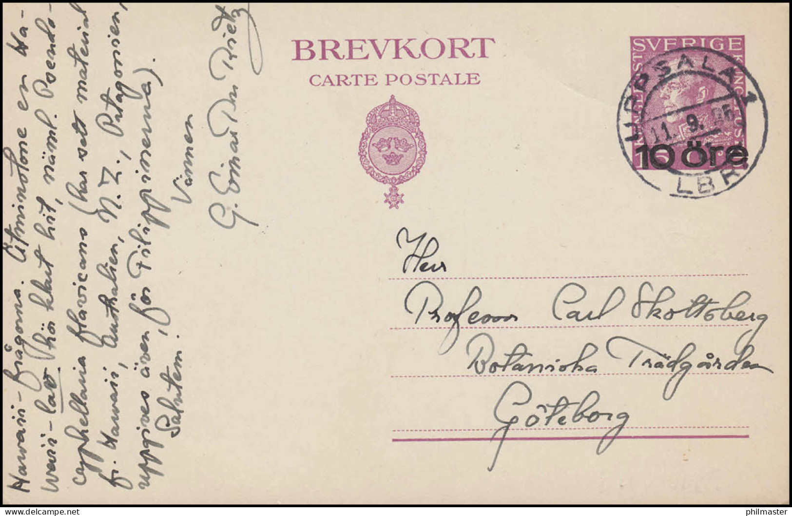 Postkarte P 46 König Gustav Aufdruck 10 Auf 15 Öre, UPPSALA 11.9.25 N. Göteborg - Postal Stationery