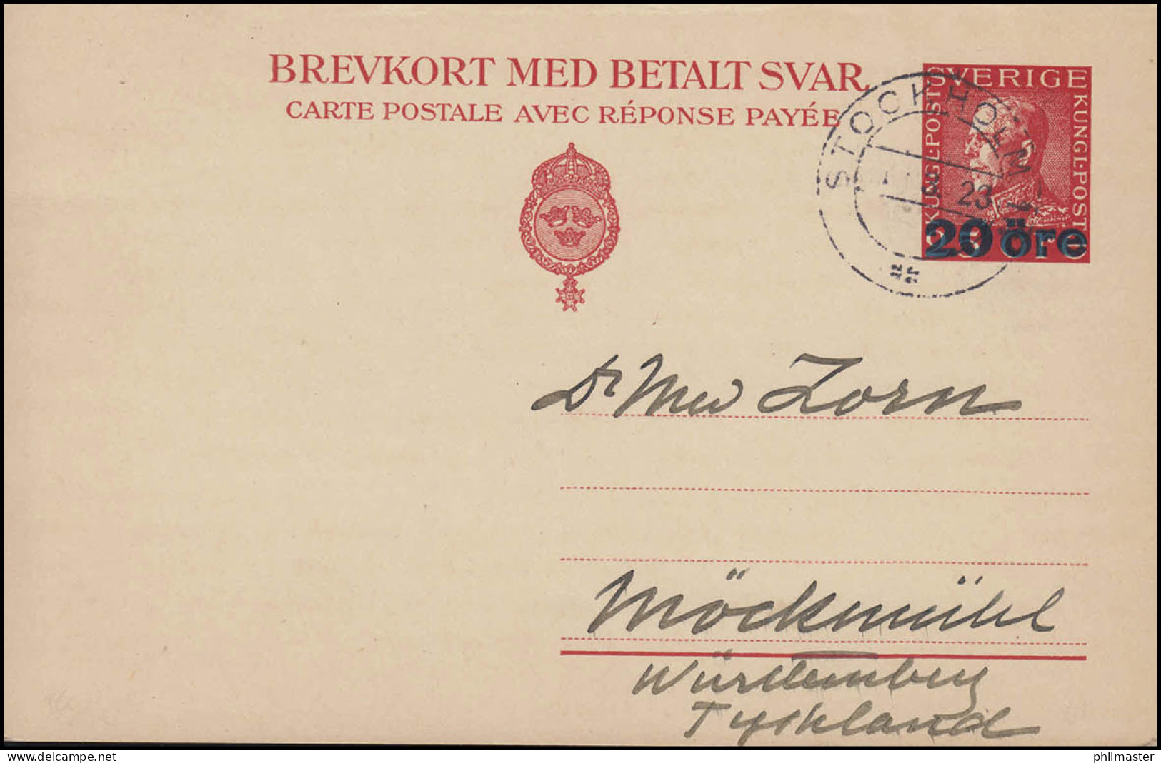 Postkarte P 48F König Gustav Aufdruck 20 Auf 25 Öre Frageteil, STOCKHOLM 1.3.23  - Interi Postali