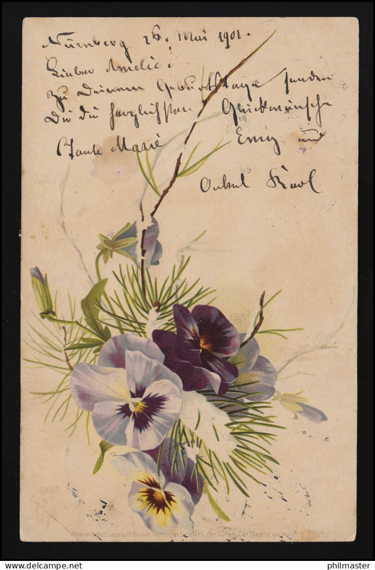 Blumen AK Stiefmütterchen In Lila Tönen, NUERNBERG/ KLOSTERNEUBURG 26./27.5.1901 - Otros & Sin Clasificación