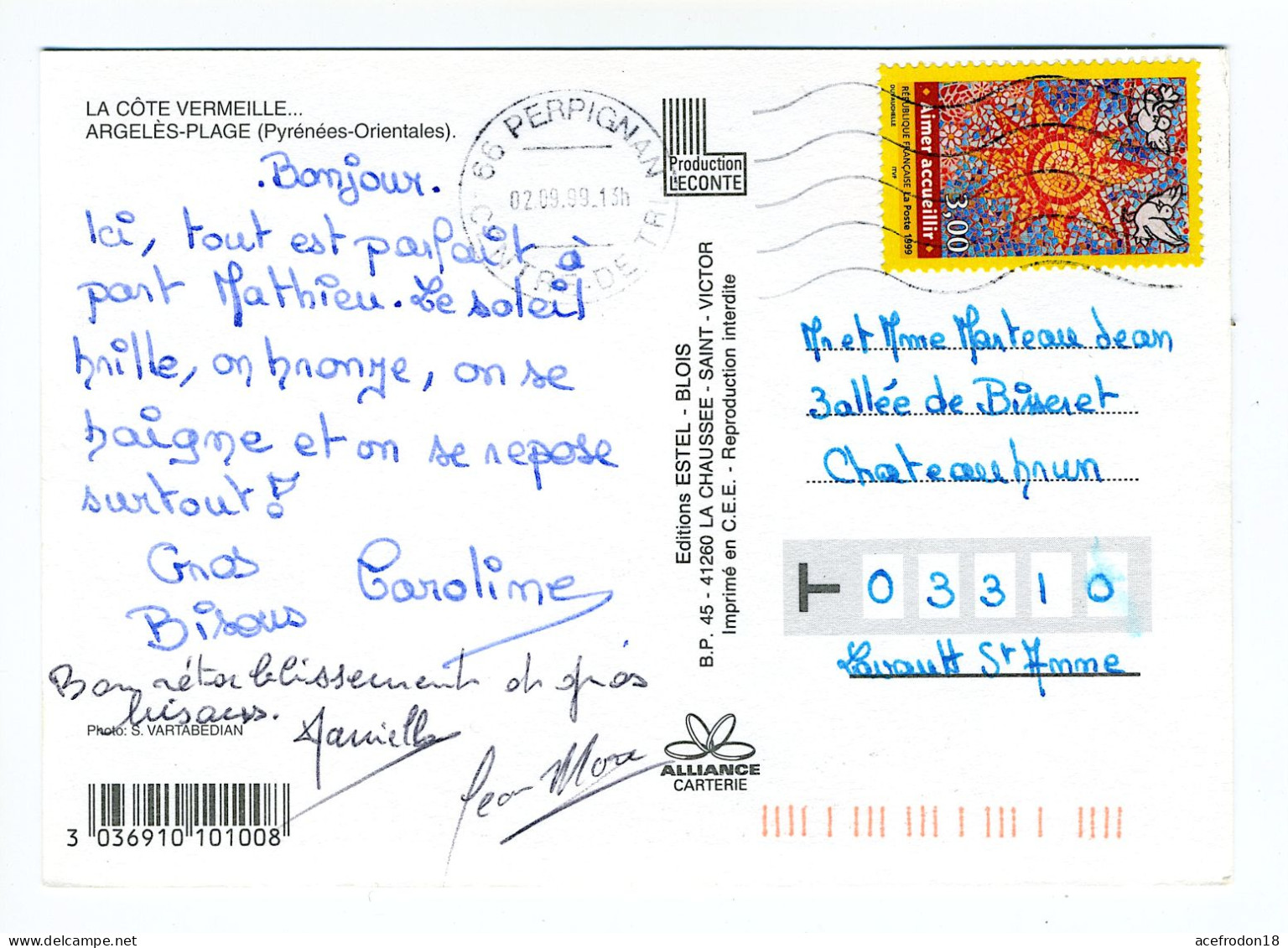 CP De Perpignan Pour Lavault-Sainte-Anne - TB 3.00 Aimer Accueillir 1999 - Used Stamps