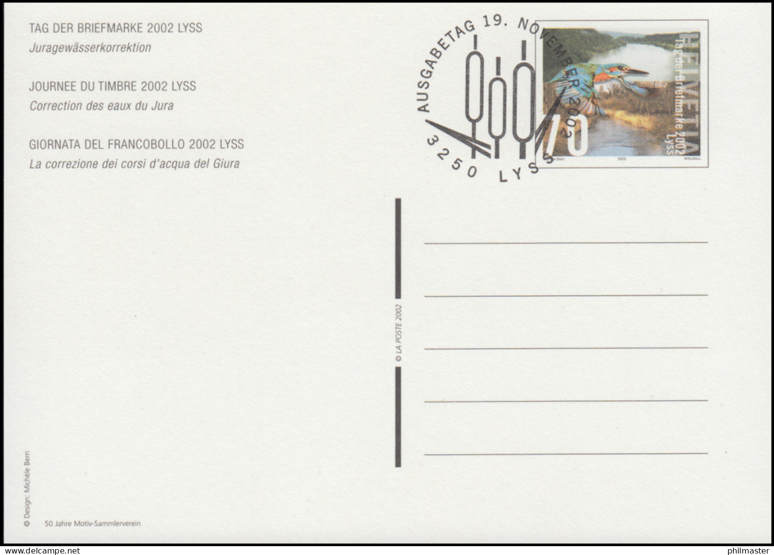 Schweiz Postkarte P 293 Tag Der Briefmarke 2002 Lyss, ESSt LYSS 19.11.2002 - Ganzsachen