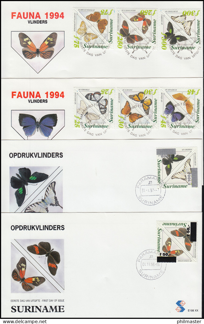 Surinam Schmetterlinge Und Falter 1994 - Teils Mit Aufdruck - Auf 4 Schmuck-FDC - Schmetterlinge