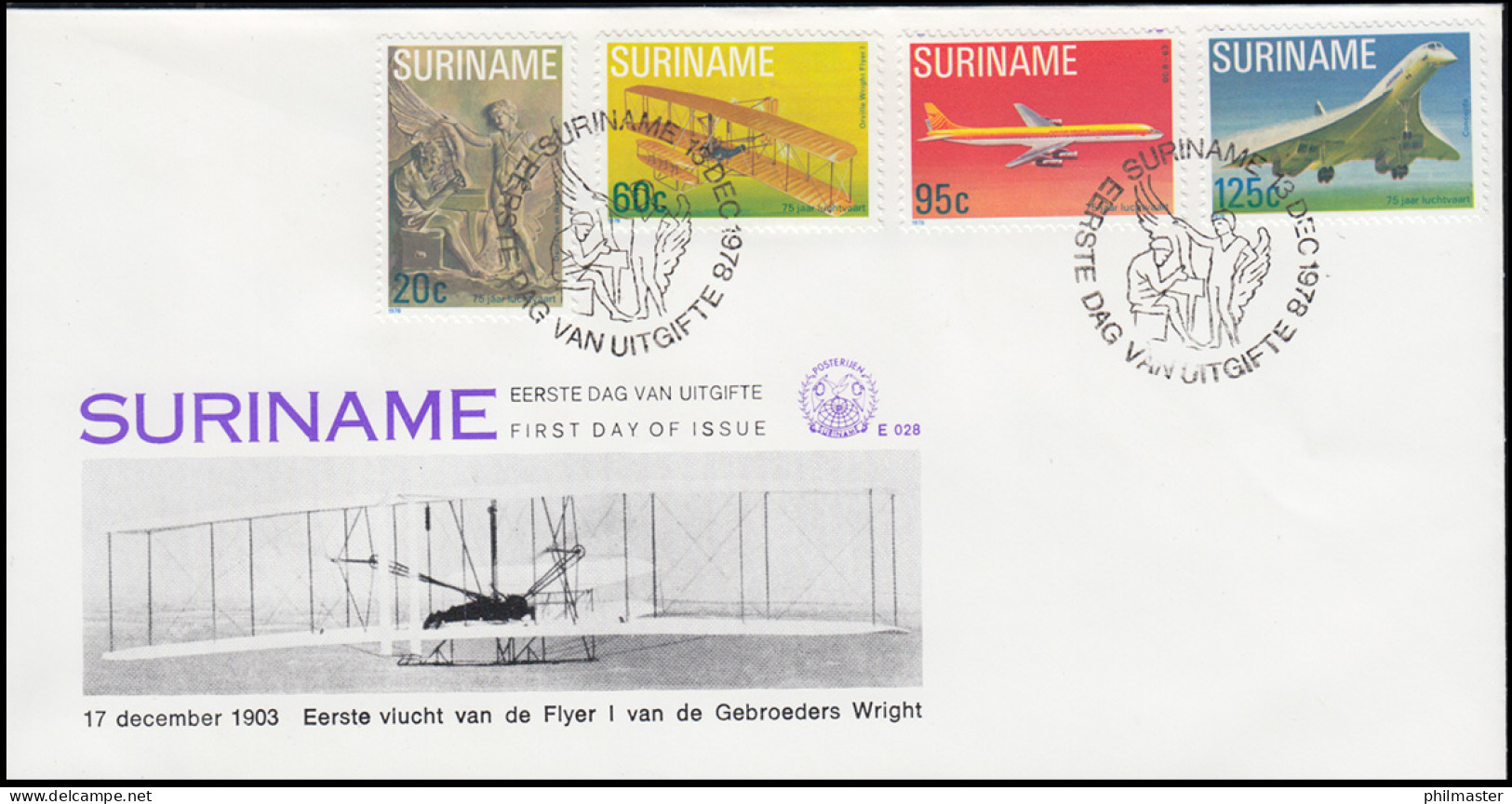 Surinam Flugzeuge 1987 - Ikarus Concorde Wright-Flyer I - Schmuck-FDC - Vliegtuigen