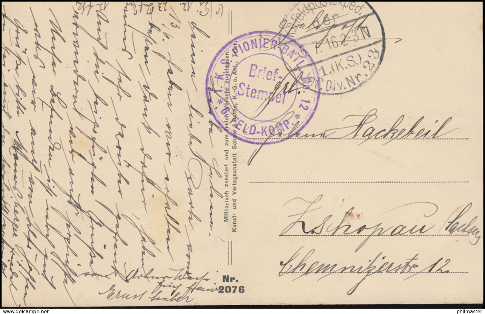 Feldpost BS 1. K.S. Pionierbatl. 5.7.16, AK Berry Au Bac Sicht Aus Schießscharte - Occupazione 1914 – 18