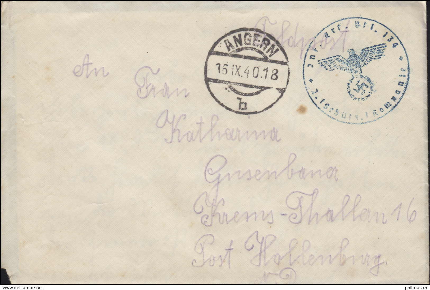 Feldpost BS Inf. Ers. Btl. 134 Auf Brief ANGERN 16.9.1940 Nach Krems-Thallern - Ocupación 1938 – 45