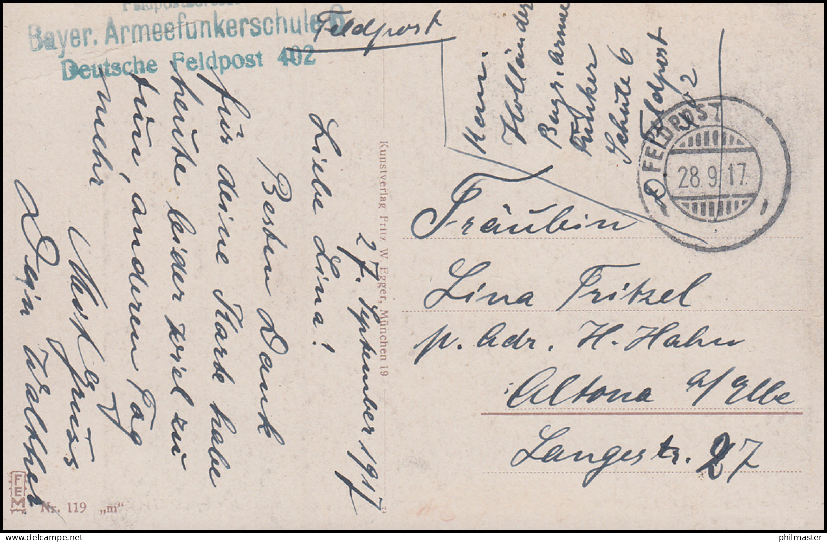 Feldpost Bayer. Armeefunkerschule 6 Auf AK Gefangenahme Eines Fliegers 28.9.17 - Occupazione 1914 – 18