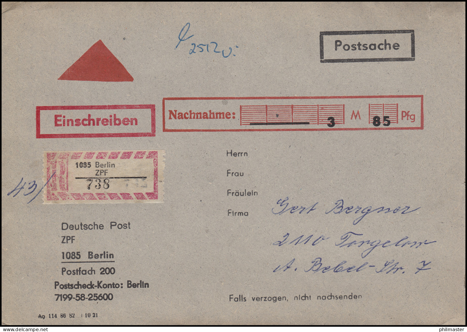 DDR Postsache Per Einschreiben Und Nachnahme Aus 1035 BERLIN ZPF Nach Torgelow - Altri & Non Classificati