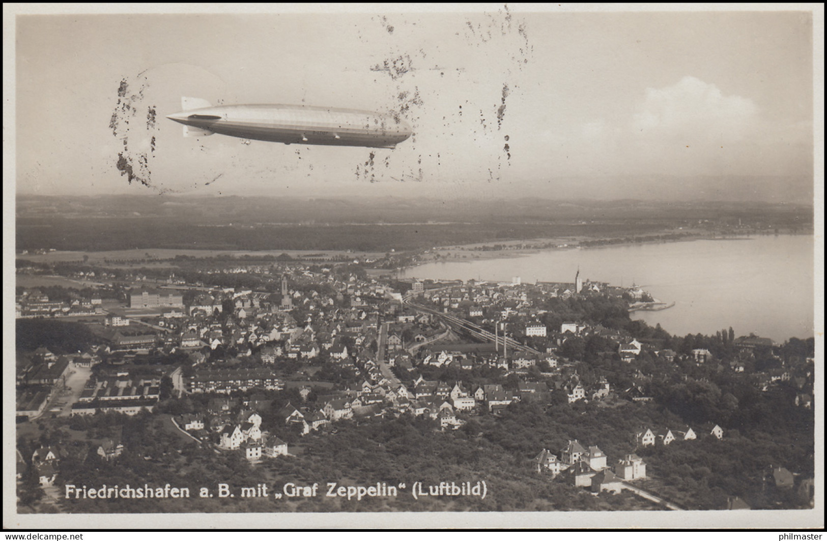 Luftbild-Ansichtskarte Friedrichshafen A.B. Mit Luftschiff Graf Zeppelin, 1.6.34 - Sonstige & Ohne Zuordnung