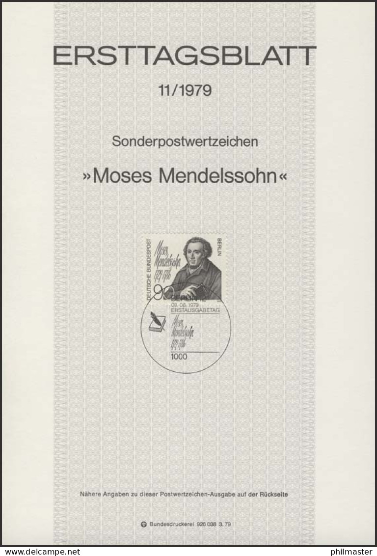 ETB 11/1979 Moses Mendelssohn, Philosoph - 1er Día – FDC (hojas)