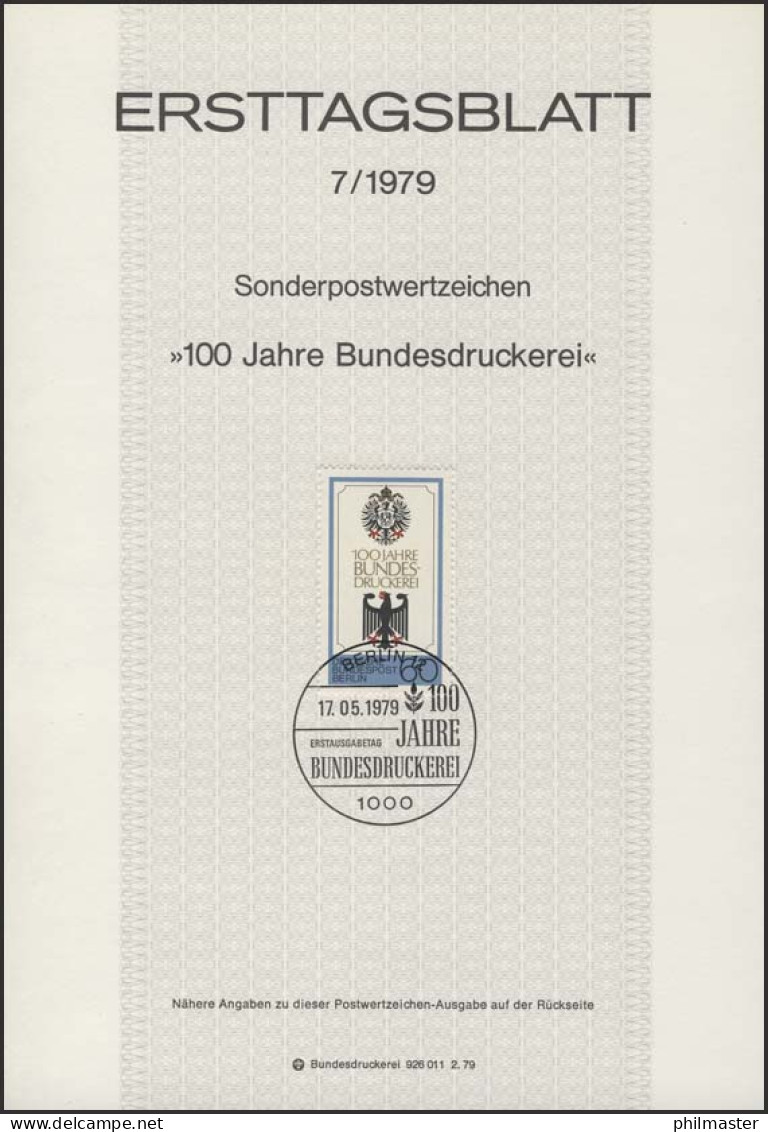 ETB 07/1979 Bundesdruckerei, Bundesadler - 1e Jour – FDC (feuillets)