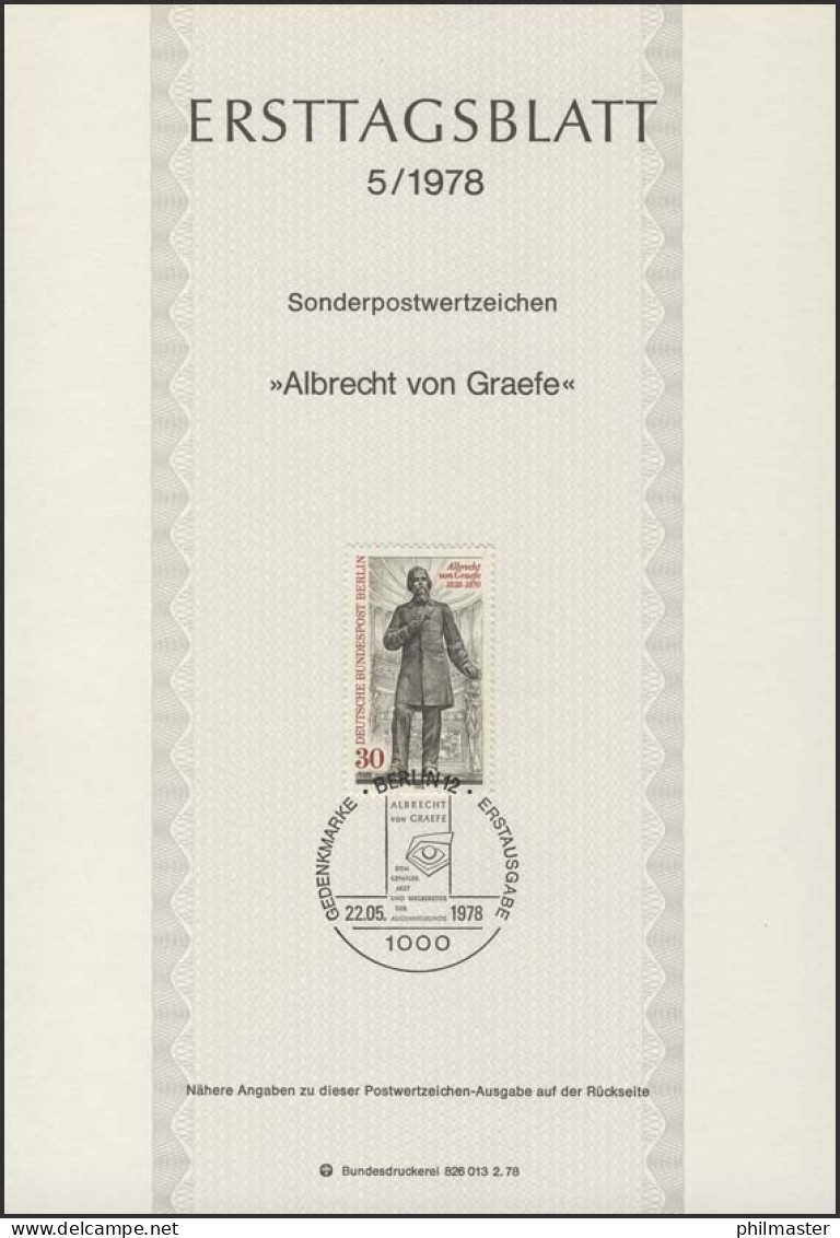 ETB 05/1978 Albrecht Von Graefe, Augenarzt - 1e Jour – FDC (feuillets)